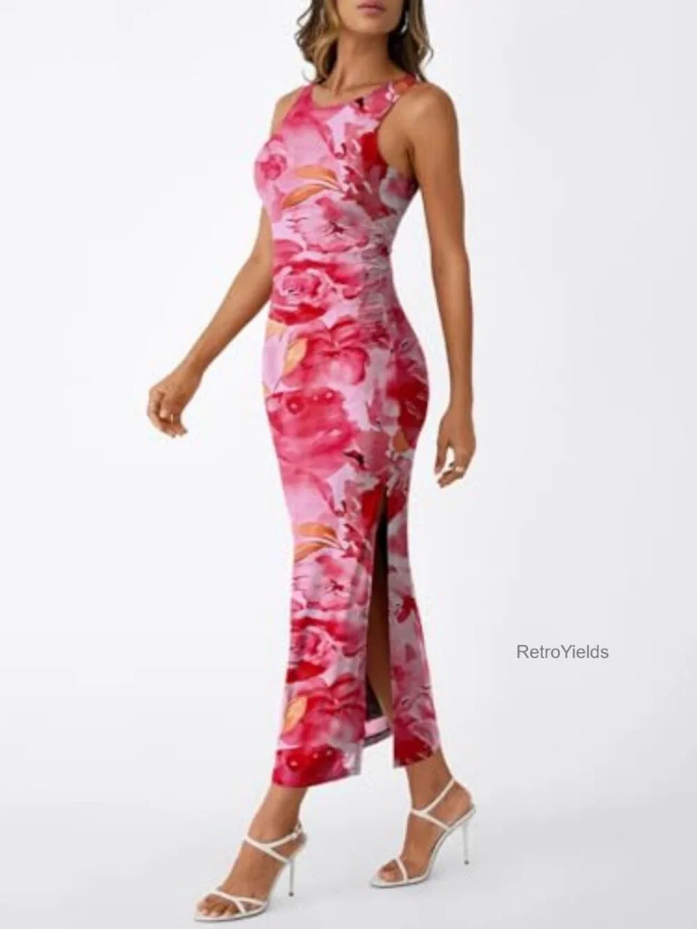 Bodycon Maxi Dress Sleeveless Floral Ruched Side Slit Party Club Fitted